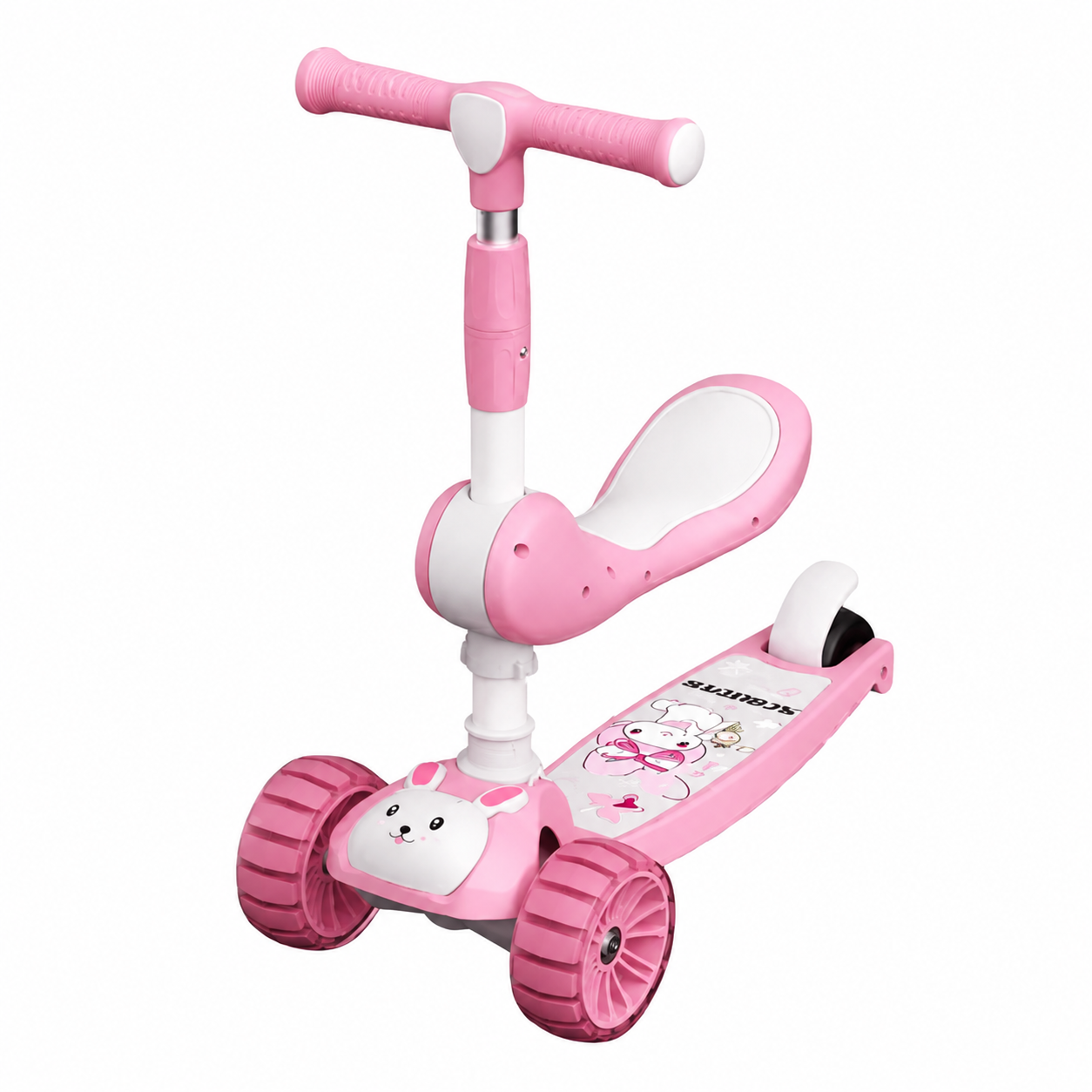 Trotineta pliabila Bunny Ride 3 in 1 cu scaunel si lumini LED - Roz