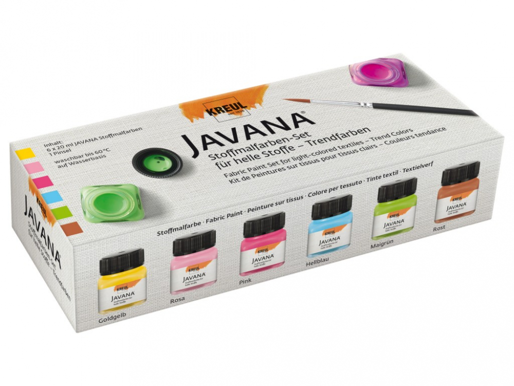 Vopsea pentru textile de culoare deschisa cu pensula inclusa, Javana Trend Kreul, 6 culori x 20 ml
